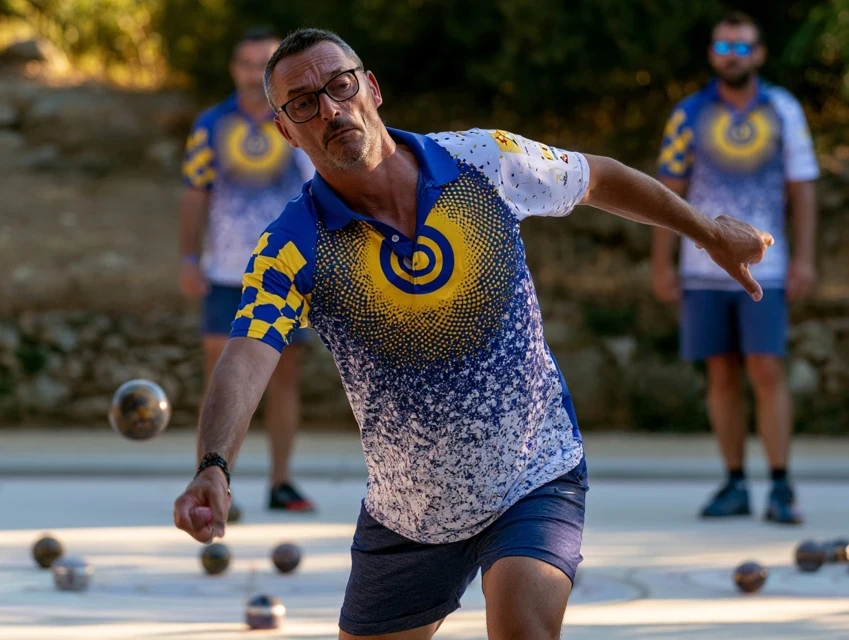 Pétanque : tenues de sport personnalisées en situation.