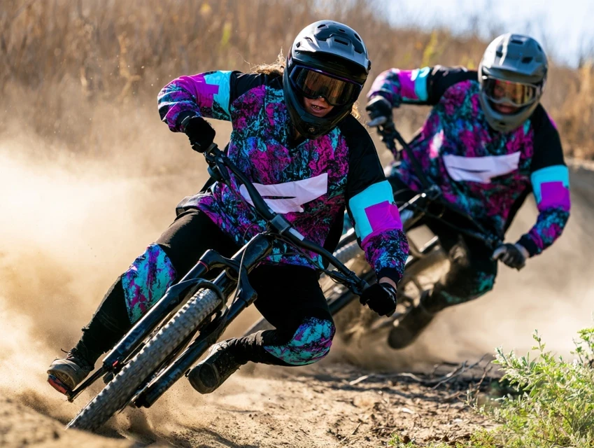 VTT et enduro : tenues de sport personnalisées en situation.